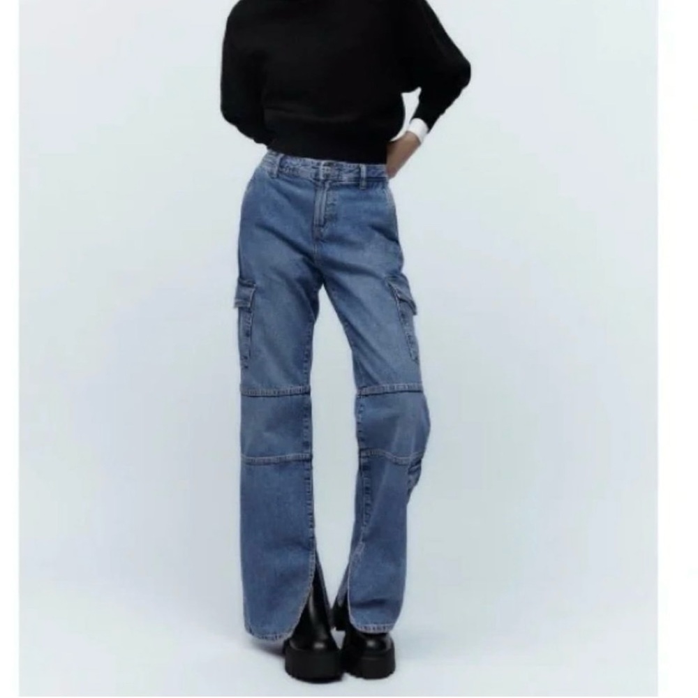 Zara Mid Waist Split Hem Cargo Jeans